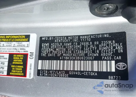 2011 Toyota Camry Xle V6 from USA, damaged, VIN 4T1BK3EK3BU623067